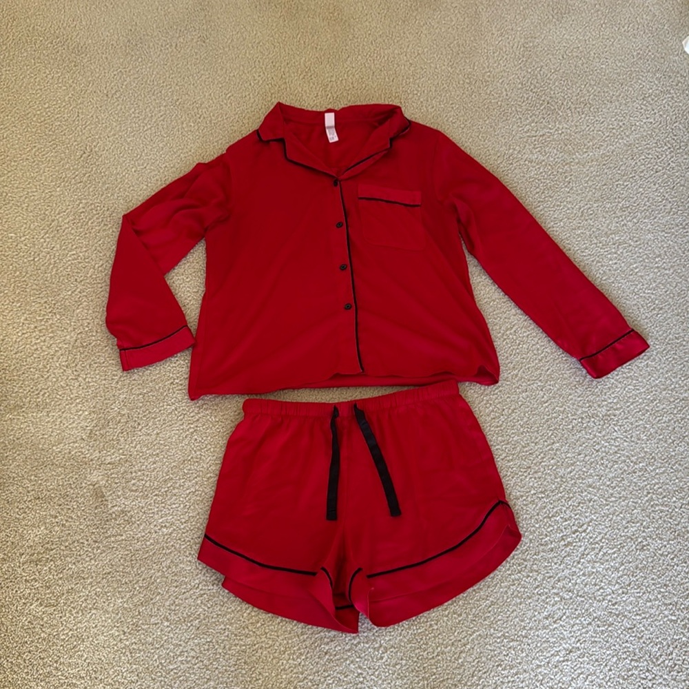Red satin pajama set with black piping!